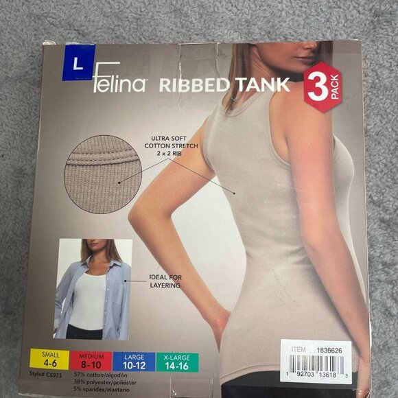 NEW Felina Women's Size L 3-Pack Ribbed Cotton Tank Tops - Picture 5 of 6